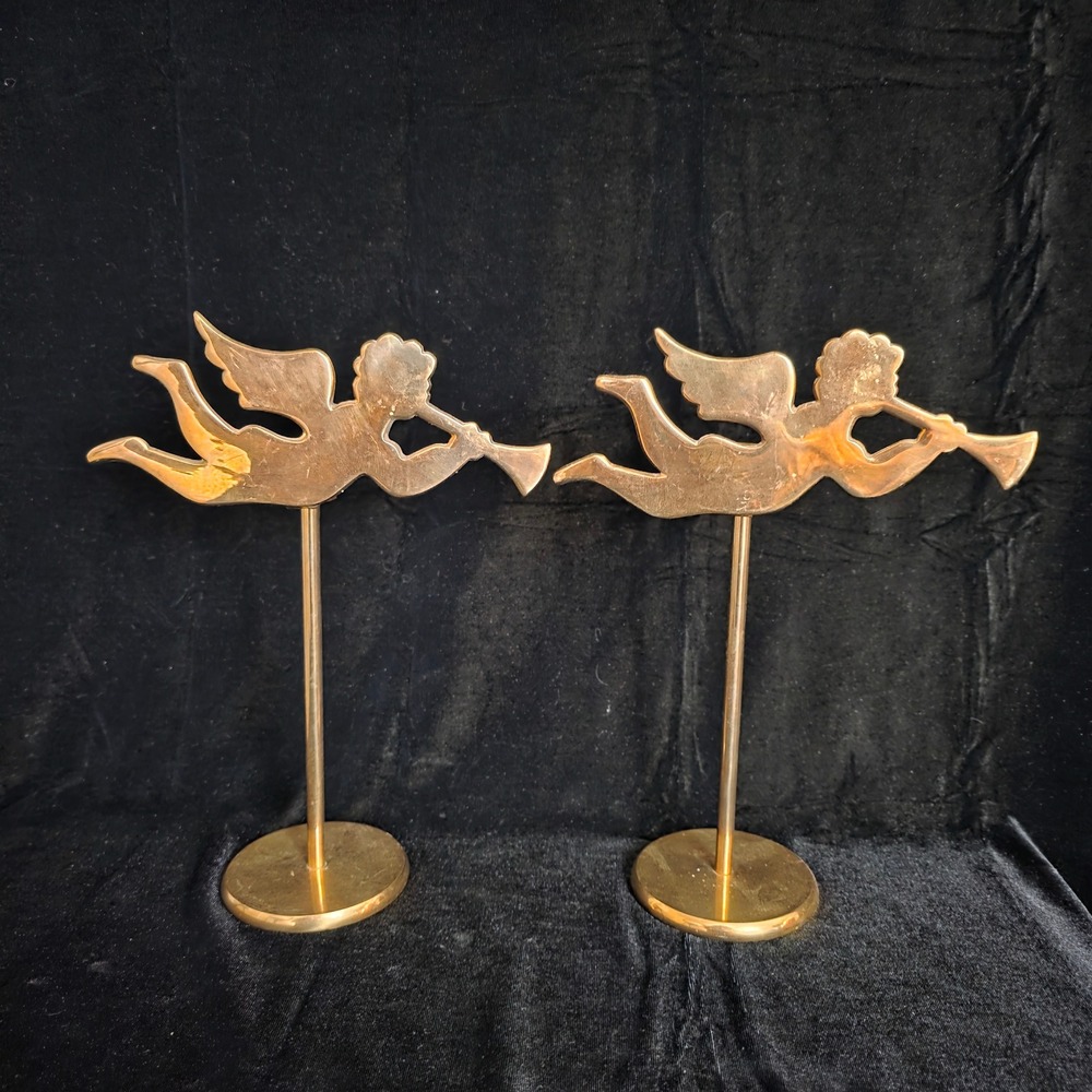 VTG Brass Angel Trumpet Taper Candle Holders Set 2 Made in India 10" Christmas